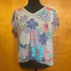 Large Floral Print Blouse - Blue, Pink, White